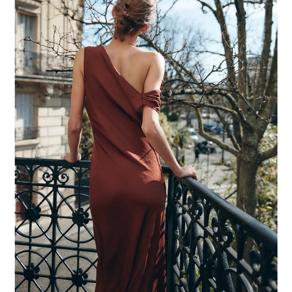 Zara One-Shoulder Rust Dress - Picture 5 of 6